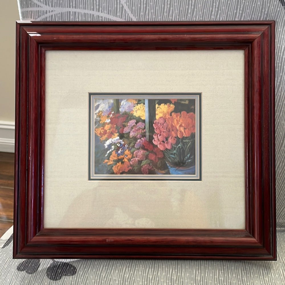 Floral print framed and matted. Great in any room